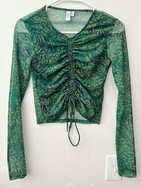& Other Stories Green Printed Ruched Mesh Long Sleeve Top